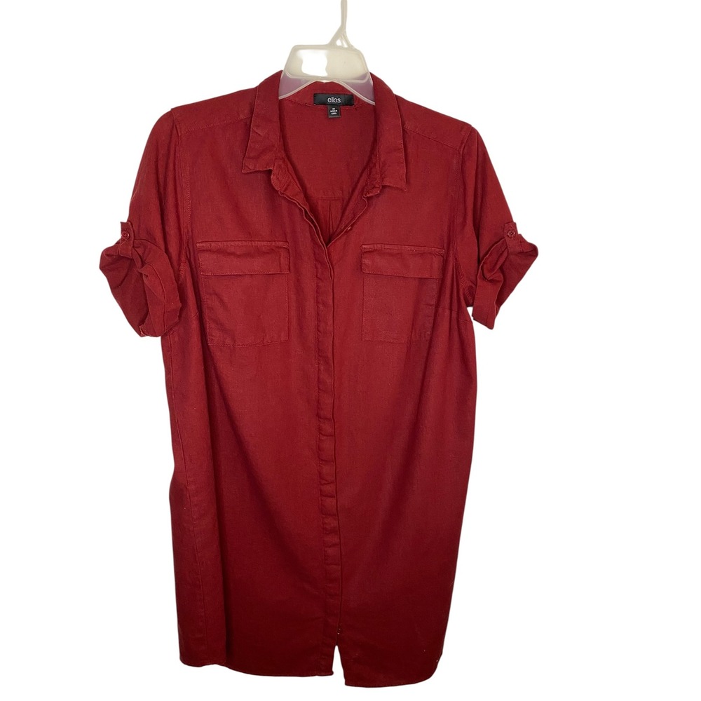 Ellos Womens Red Linen Blend Hidden Button Shirt Dress Roll Tab Sleeve Size 20